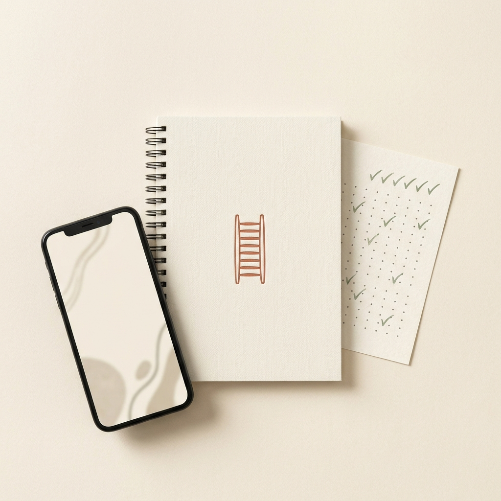 Bundle flat-lay: workbook, printable tracker card, and phone showing the AI companion