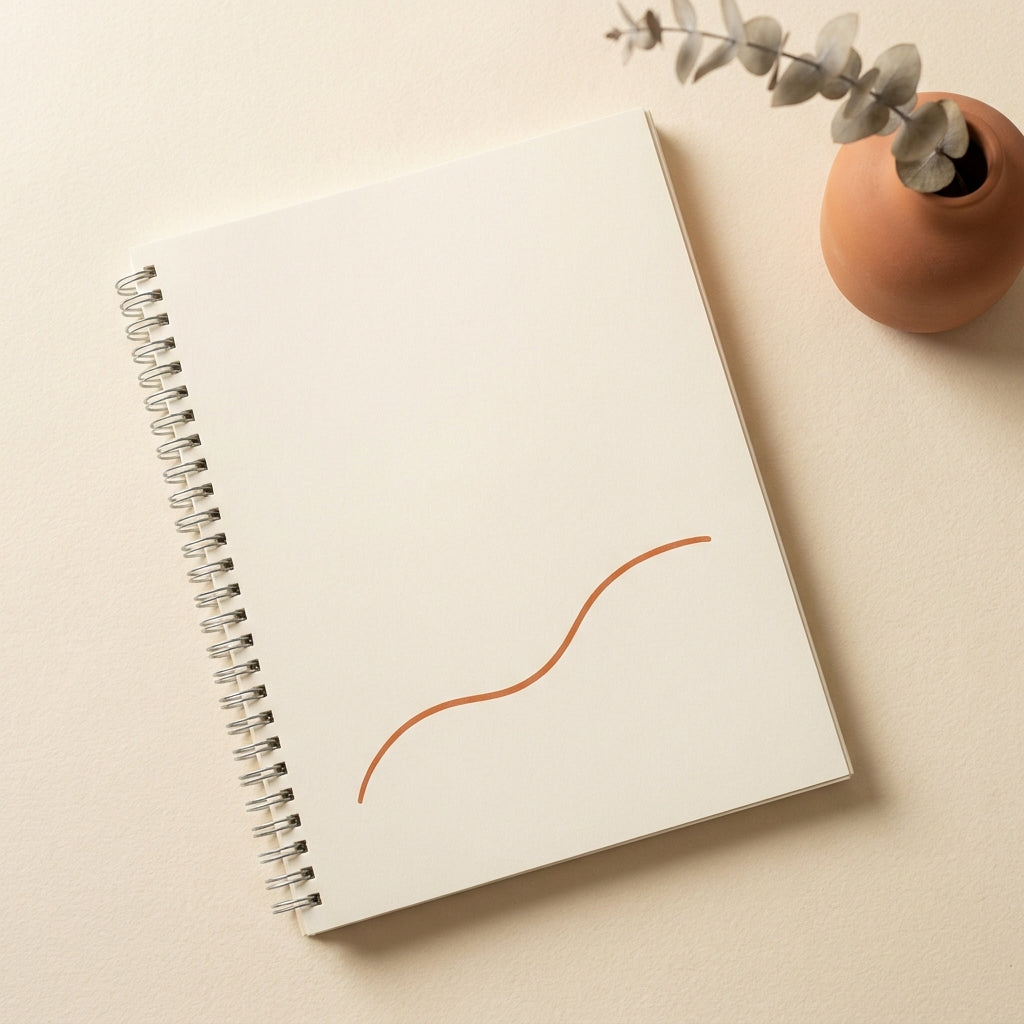 Closed printable workbook on warm cream surface, soft side-light, hands resting on cover