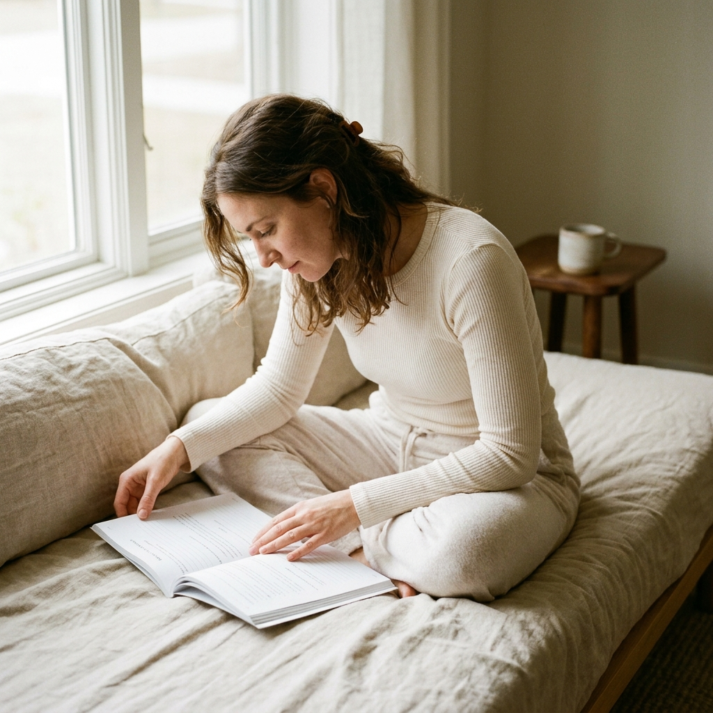 Woman on a daybed in soft window light, workbook resting in her lap, mid-use