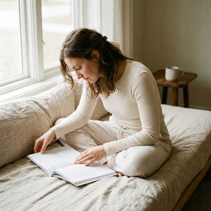 Woman on a daybed in soft window light, workbook resting in her lap, mid-use