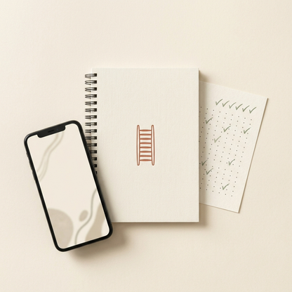Bundle flat-lay: workbook, printable tracker card, and phone showing the AI companion