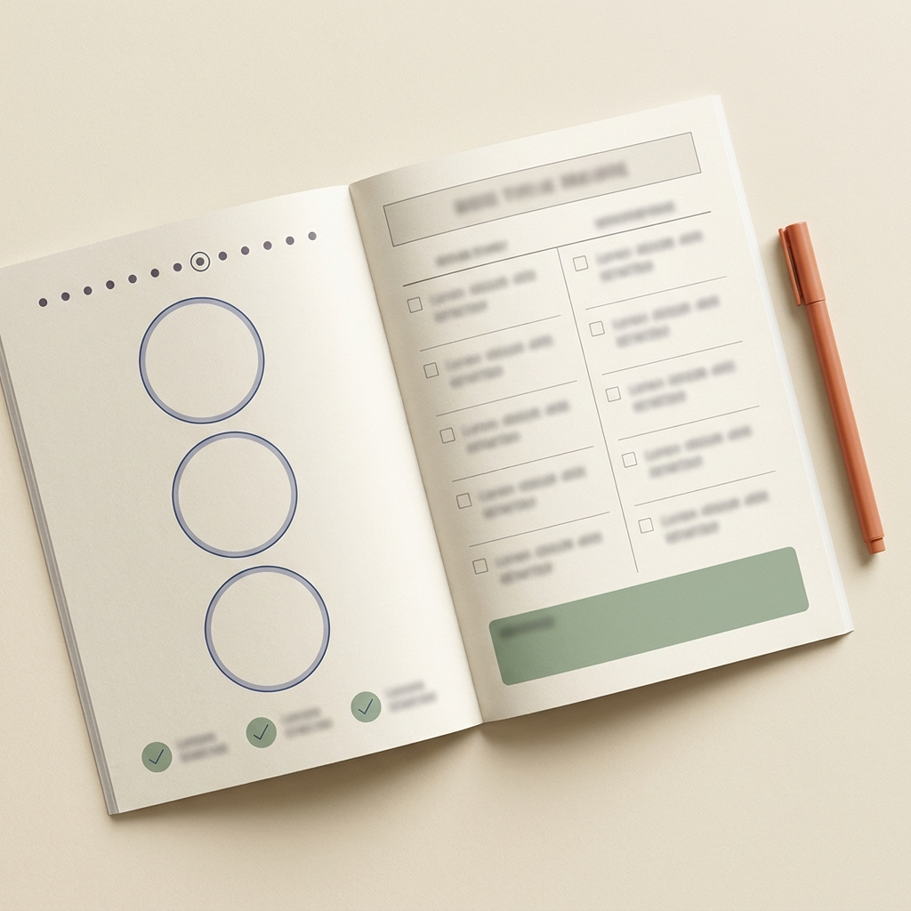 Open workbook spread with the 1–10 nervous-system scale and daily prompt boxes visible