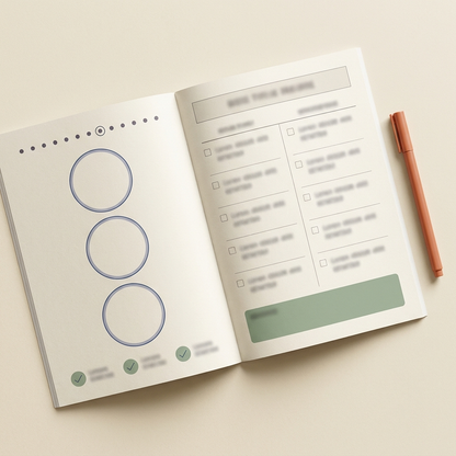 Open workbook spread with the 1–10 nervous-system scale and daily prompt boxes visible
